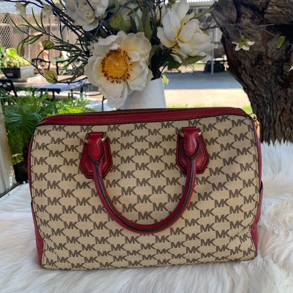 Michael Kors Mercer Medium Duffle Satchel Cherry Red/Tan Leather